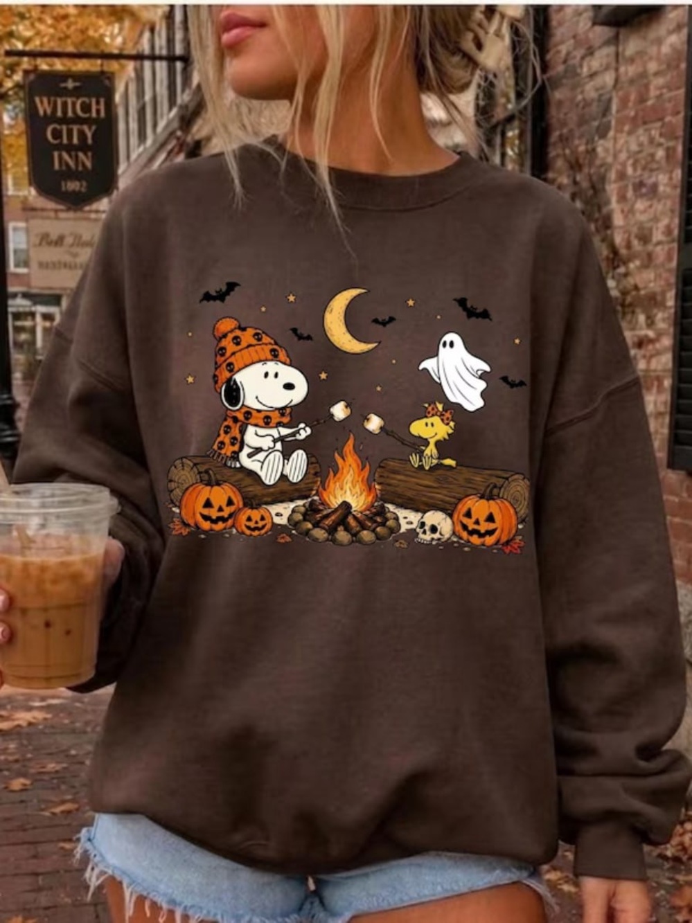 Brown Halloween Snoopy & Woodstock Campfire Crewneck Sweatshirt